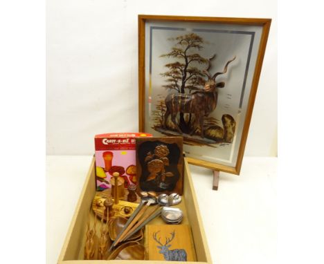 Gastone firescreen decorated in relief with a Kudu, pair Danish stainless steel dishes, pair carved wall mounted Kudu masks, 
