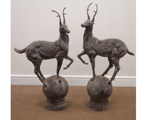 Pair cast metal garden stags on spherical mounts, figures/gate post finials, H91cm Condition Report Click here for further im