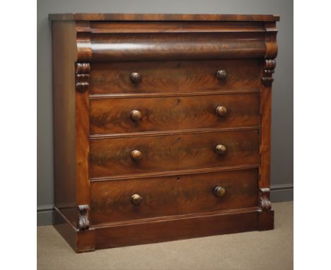 Victorian mahogany Scotch chest, frieze drawers above four long drawers, scroll carved mounts, W123cm, H129cm, D58cm Conditio