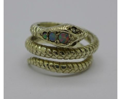 A 9ct white gold snake ring set with opals and diamonds, 9.1g, M