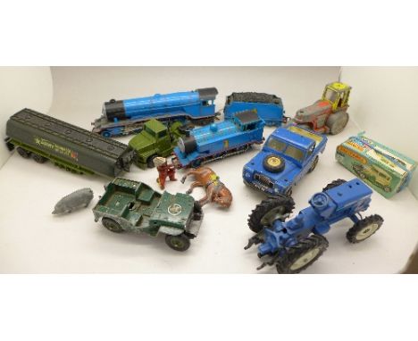Die-cast model vehicles, Dinky and Matchbox, lead figures and animals and a Hornby Thomas the Tank Engine locomotive and tend
