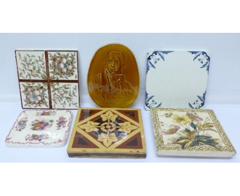 Six Victorian tiles including a portrait of Sir Walter Scott and a Mason's teapot stand/tile