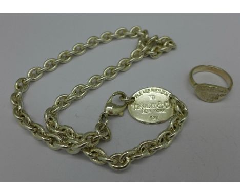 A silver Tiffany necklace and ring, P, total weight 58.4g