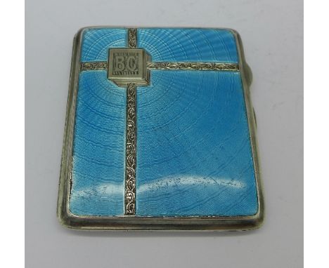 A silver and guilloche enamel cigarette case, Birmingham 1932, enamel a/f, 109g