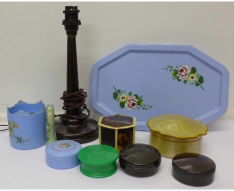 A Bakelite candlestick lamp base and other 1930's early plastic including a phenolic fish, napkin ring