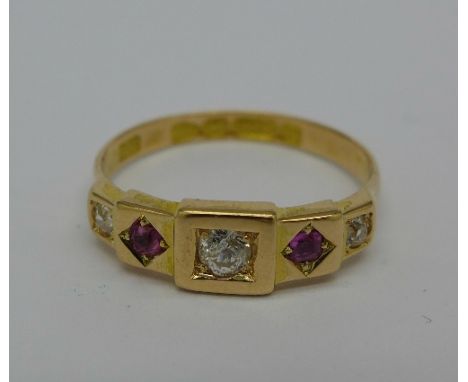 A Victorian 15ct gold, ruby and five stone diamond ring, Chester 1881, 2.4g, N