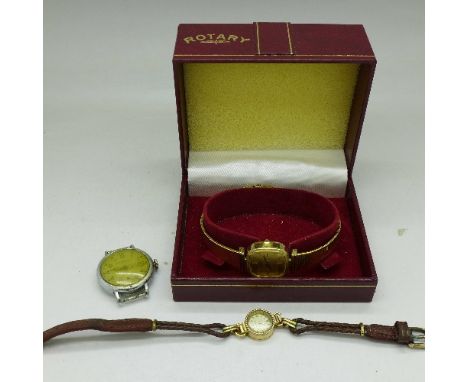 A lady's 9ct gold cased Jaeger-LeCoultre wristwatch, lacking winder, the case back with inscription dated 1941, a Rotary with