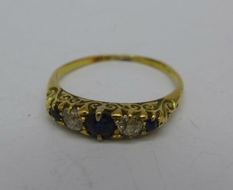 An 18ct gold, sapphire and diamond ring, hallmark worn, 2.5g, Q