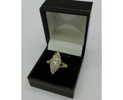 A Victorian marquise shaped diamond cluster ring, tests as 14ct gold, approximate diamond weight 0.80ct, 3.5g, S