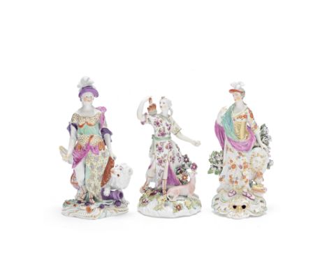 Three Derby figures, circa 1765-80Each in brightly coloured classical dress, comprising a figure of Minerva on a pierced scro