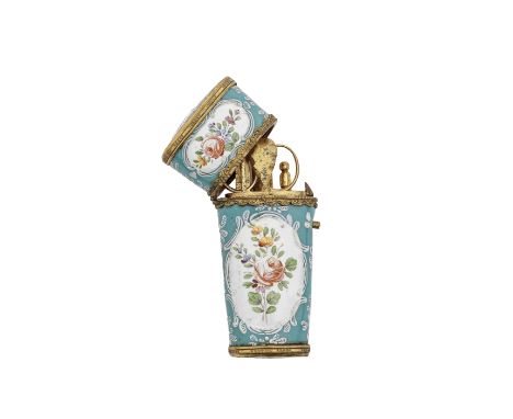 A French enamel etui, late 19th centuryIn South Staffordshire style, of tapering form with tooled metal mounts, the complete 