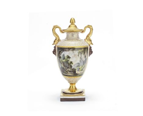 A Chamberlain vase and cover, circa 1810Of classical urn form with two gilt dolphin handles, lion mask medallions in brown at