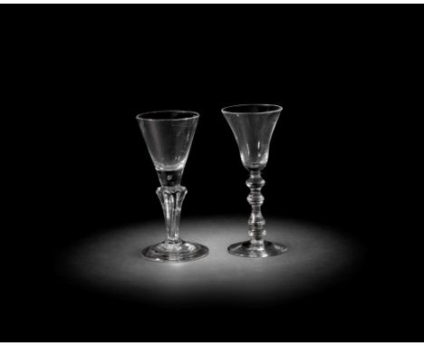 A baluster wine glass and a light baluster glass, circa 1715 and 1745One with a conical bowl with a solid teared base, set on