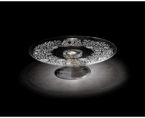 A very rare façon de Venise engraved armorial tazza, 17th centuryCircular with a flat top upturned slightly at the rim, engra