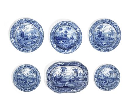 A Spode 'Indian Sporting' part service, circa 1810-20Printed in blue, comprising a large platter with 'Driving a Bear Out of 