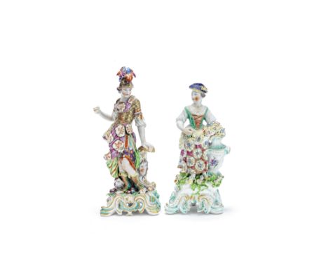 Two Bow figures, circa 1770-75One modelled as Minerva wearing a plumed helmet, cuirass and patterned skirts, a puce ground dr