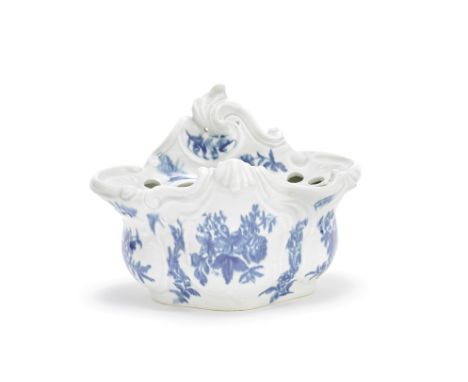 A Worcester bough pot, circa 1768-70Of exuberant rococo-moulded form with a high scrolled back pierced for suspension and bol