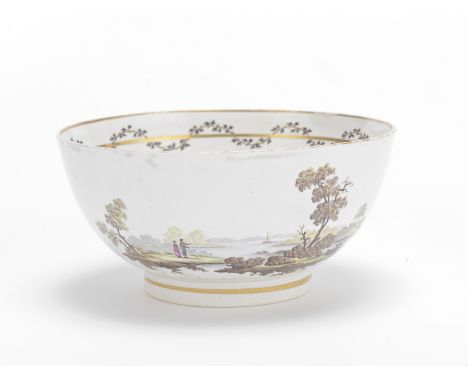 A rare Caughley punchbowl by Fidelle Duvivier, circa 1792Finely painted in delicate colours with two figures in a rural river