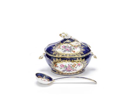 A Worcester sauce tureen, cover and ladle, circa 1770Of shaped oval form with fine shell-moulded handles, the cover with an a