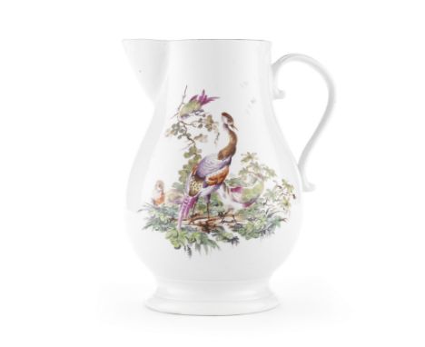 A Derby cider jug, circa 1765Of ovoid form with a scrolled handle, painted on both sides with exotic birds playfully perched 