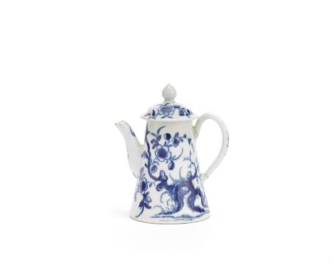 A rare Worcester toy or miniature coffee pot and cover, circa 1765Of distinctive conical shape with a thin loop handle and sl