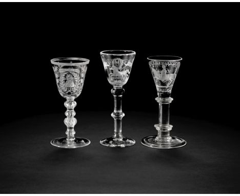 Three engraved wine glasses, second half 19th centuryDecorated in 18th century style, comprising a Williamite glass by Franz 