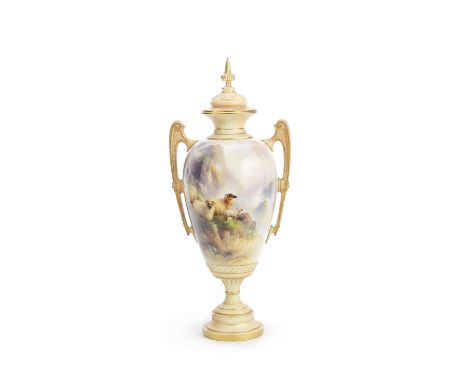 A large Royal Worcester vase and cover by Harry Davis, dated 1910Of elegant classical form, the cover with a spire finial, th