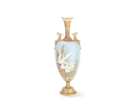 Royal Worcester vase by Charley Baldwyn, dated 1896 or 1897Of slender ovoid form with scrolled handles picked out in green, s