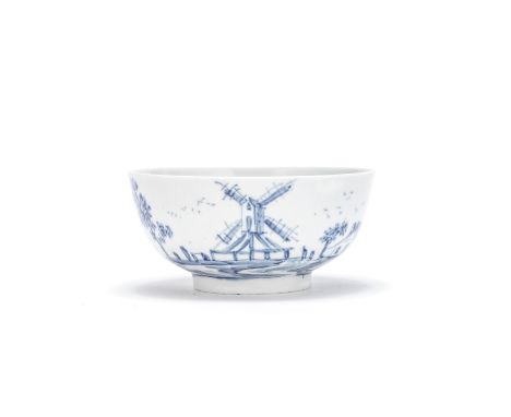 A very rare Worcester bowl, circa 1755-56Of small size, painted in blue with a stylised European landscape featuring a windmi