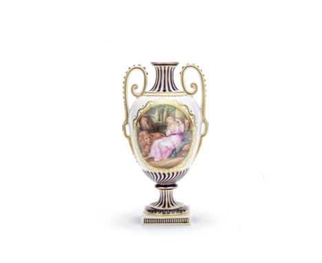 A Derby vase, circa 1785Of ovoid form with high scroll handles and a square pedestal base, one side painted with 'Una and the