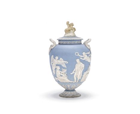 A Wedgwood blue jasper 'Pegasus' vase and cover, first half 19th centuryThe ovoid body with two handles modelled as two serpe