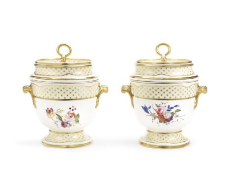 A Spode part dessert service, circa 1822-25With shaped gadrooned and scroll-moulded rims within gilt lines, the borders with 
