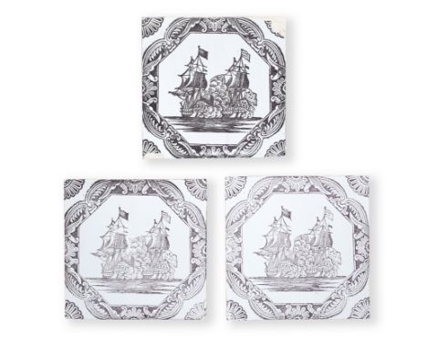 Three Liverpool delftware woodblock tiles, circa 1756-57Printed in manganese by John Sadler with two Men o' War engaged in ba