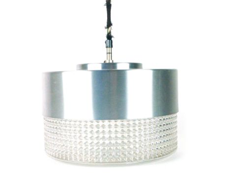 A 1970's ceiling light, the aluminium cylindrical cover enclosing a moulded glass shade CONDITION REPORT: Working order unkno
