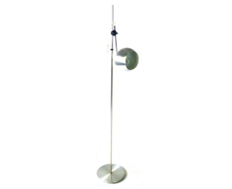 A 1970's aluminium standard lamp, the spherical shade on a single shaft CONDITION REPORT: Working order unknown, lead cut, kn