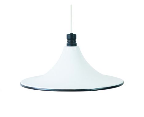 A 1970's-style white ceiling light of trumpet form with a rubber rim