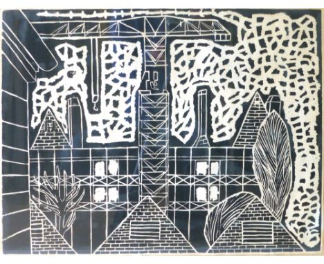 20th century
A stylised depiction of a cityscape,
woodblock print,
39 x 51 cm