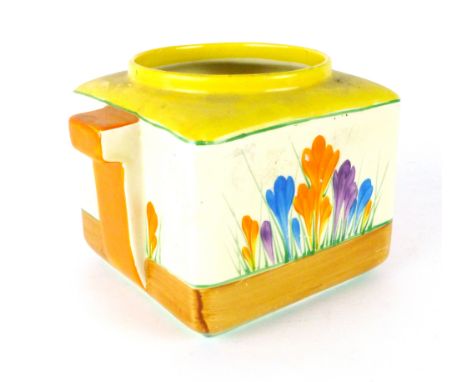 Clarice Cliff for Wilkinson, a 'Crocus' pattern biscuit barrel of square form, h. 13 cm CONDITION REPORT: No lid, crackleure,