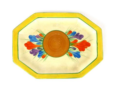 Clarice Cliff for Wilkinson, a Crocus pattern dish of hexagonal form, l. 24 cm CONDITION REPORT: Several losses to decoration