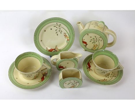 A Clarice Cliff Newport Pottery Bonjour eight piece tea serviceComprising teapot, milk jug, sugar bowl, two cups, two saucers