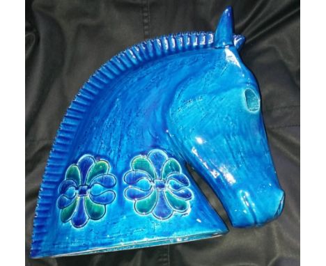 A large and impressive Aldo Londi for Bitossi 'Rimini Blu' ceramic Horse's HeadHaving impressed stylised decoration on a turq
