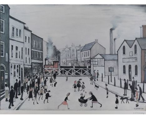 Laurence Stephen Lowry, RBA, RA (British, 1887-1976) - 'Burton on Trent Level Crossing'Pencil signed print, artist blind stam