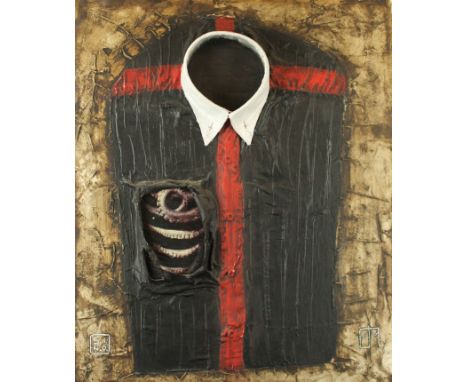 Modern school -A three dimensional panel depicting a black shirt with red cruciform decorationThe button down white collars p