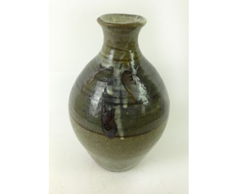 A Trevor Corser Leach St Ives Studio Pottery vaseOf ovoid form, having dripped tenmoku glaze on a celadon glazed ground, impr