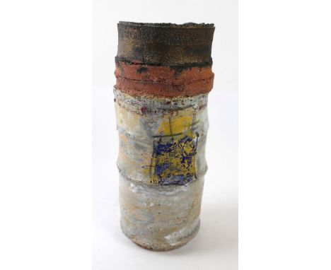 Robin Welch (b.1936-) studio pottery vaseOf tall cylindrical form, painted with applied yellow, blue and red glazes to body, 