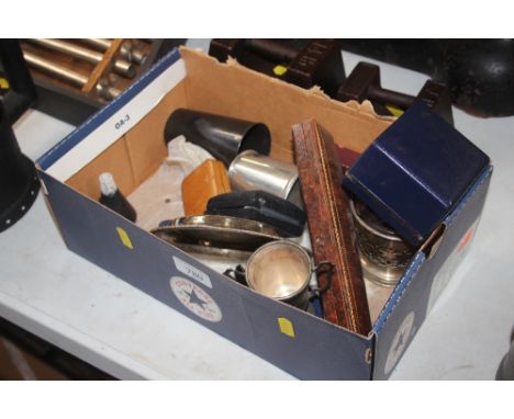 A box of empty jewellery boxes; silver plated ware etc