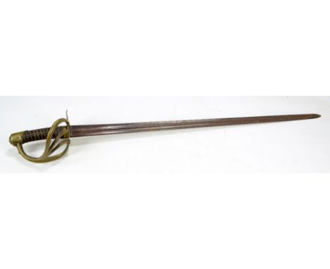 A 19th century heavy cavalry sword with double fullered blade and brass three bar guard with stamps and numbered 1148 to knuc