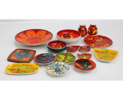 POOLE; a collection of various wares including bowls, pair of vases, tile, shallow bowls, trinket dishes, etc. CONDITION REPO