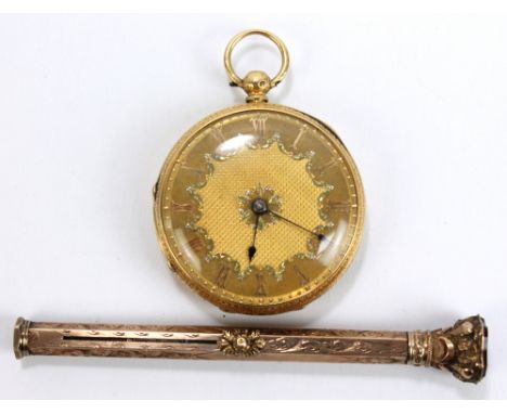 A mid-19th century 18ct yellow gold open face key wind pocket watch with overall engraved decoration, the circular dial with 
