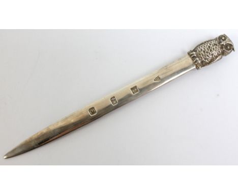 JB CHATERLETY & SONS LTD; an Elizabeth II hallmarked silver letter opener with cast owl finial, Birmingham 1979, length 18cm,